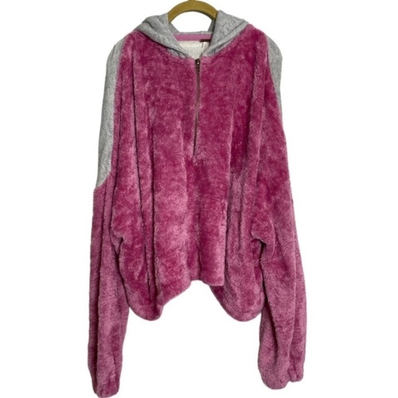 Free People Pink/Gray Fuzzy Oversized Color block Hoodie Lagenlook Sweater Sz S - Picture 3 of 12